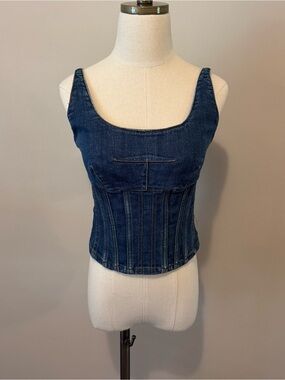 Maeve Blue Denim Corset Top with Back Bow Detail